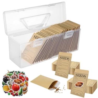 Imagem de Ovveroche Caixa organizadora de plástico transparente para armazenamento de sementes com alça, 1 pacote de armazenamento de sementes com 200 envelopes e 50 adesivos para presentes para amantes de
