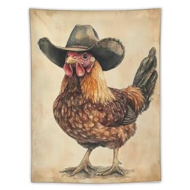 Imagem de Tapeçaria de parede galo em chapéu de cowboy decoração de animais de fazenda peculiar fundo bege arte rústica para sala de estar quarto aconchegante estilo country decoração de pendurar decoração