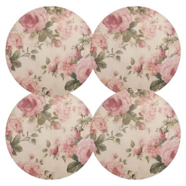 Imagem de Conjunto de 4 tapetes de mesa bege clássicos rosas, resistentes ao calor, 38 cm, jogo americano circular de PVC, para mesa de jantar, mesa de cozinha