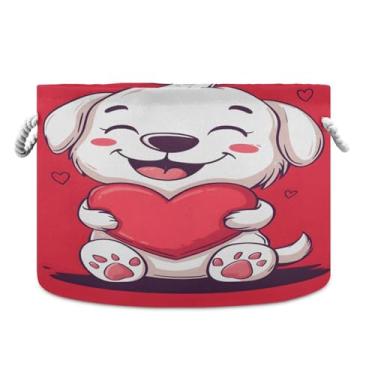 Imagem de Wassud Cesto de armazenamento de coração de férias de cachorro fofo com alças cesto de roupa redonda de armazenamento de lona cobertor de armazenamento para berçário 51 x 50 x 35 cm