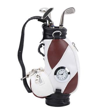 Imagem de KIMISS Mini Porta-Canetas de Mesa Com Relógio - Liga de Zinco e Couro PU - Inclui 3 Canetas de Clube para Decoração de Mesa de Amantes (Marrom e branco)