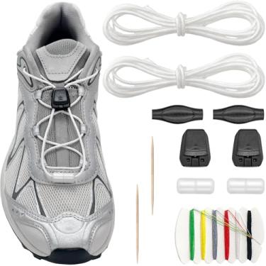 Imagem de Lacesgian Kits de cadarços sem amarração 5/64" (2 mm) redondos finos, sistema de bloqueio rápido de 137 cm de comprimento, cordões de substituição para sapatos, Branco, 54"/140cm