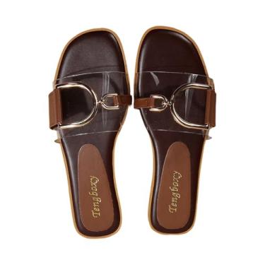 Imagem de OYOANGLE Sandália feminina com fivela de metal transparente e elegante, bico aberto, sem cadarço, Marrom, 37
