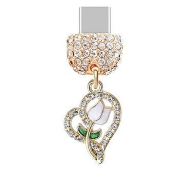 Imagem de ELISE & FONDA TP1009 Tipo-C Porta de carregamento Cristal Antipoeira Plug Little Love Heart com pingente de celular rosa para iPhone 15/16/Samsung/OnePlus/Xiaomi/oppo telefones Android (Branco)