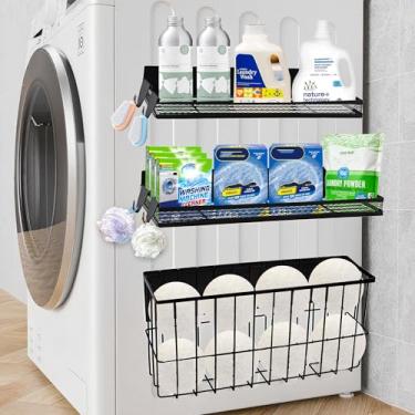 Imagem de LeoTube Pacote com 3 prateleiras magnéticas e suporte de bola para secadora com 4 ganchos removíveis para máquina de lavar, organizadores de armazenamento versáteis para organização de lavanderia
