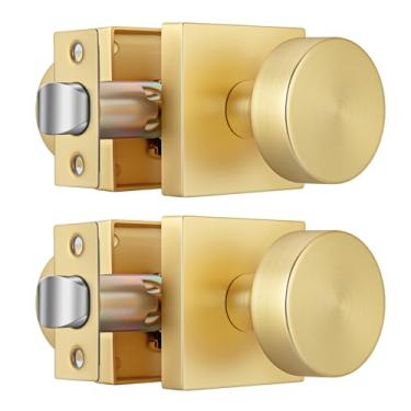 Imagem de Crequal Maçanetas de porta douradas, maçaneta de porta de passagem resistente, maçaneta de porta de armário dourada escovada para corredor, maçaneta quadrada de liga de zinco (pacote com 2)