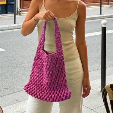 Imagem de Bolsa de malha de corda feita à mão, bolsa de tecido aberto para mulheres, homens, parceiros, passeios diários, viagens, compras, transporte diário, 1 peça, Vermelho rosa, Large, Moderno