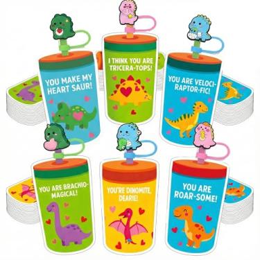 Imagem de MoimTech Pacote com 24 cartões de dia dos namorados, conjunto de presente de troca de sala de aula, prêmio em massa (cartão de garrafa de água de dinossauro)