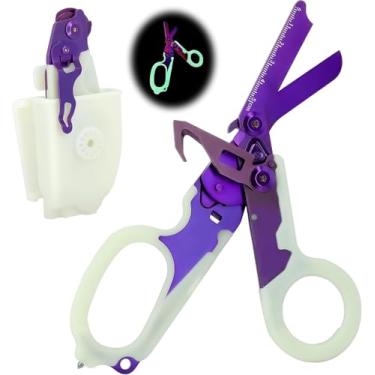 Imagem de Awaiymi Tesoura De Trauma Multifuncional 6 Em 1 Com Cortador Cinta E Quebra-Vidros, Coldre Luminoso, Aço Inoxidável Dobrável Para Acampamento Ao Ar Livre, Ferramenta Emergência (Roxo Luminoso)