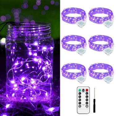 Imagem de Yooumoga Pacote com 6 luzes de fadas alimentadas por bateria com controle remoto e temporizador, 8 modos de iluminação, mini luzes de 20 LEDs para potes de pedreiro, árvores de Natal, festas e