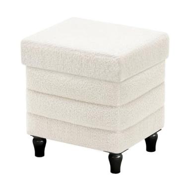 Imagem de CAROLMADE Espreguiçadeira dobrável de otomana de otomana com pernas de madeira, apoio para os pés otomano para sala de estar e quarto, branco 38 x 32 x 39 cm