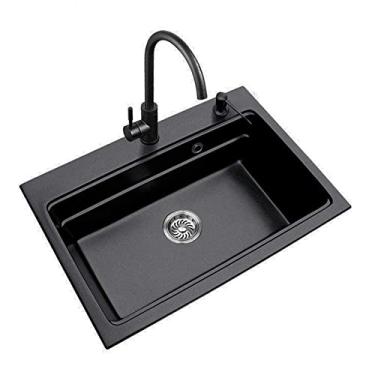 Imagem de 3FLQOOPP Pia de cozinha de pedra de quartzo grande pia única pia de cozinha pia espessa pia manual única pia de aço inoxidável preto