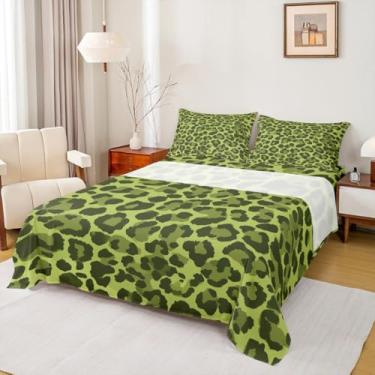 Imagem de Homewish Jogo de lençol casal com estampa de leopardo verde, estampa de pele de animal selvagem, 4 peças, lençol de cima + lençol de cima + 2 fronhas