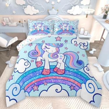 Imagem de Feelyou Jogo de cama casal de unicórnio, estampa de estrelas, arco-íris, conjunto de edredom infantil, lençol de fada, edredom fofo de unicórnio, decoração de quarto de animal fofo, azul