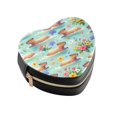 Imagem de Burbuja Capybara Caixa de joias em forma de coração mini estojo de joias de viagem para mulheres e meninas, estojo portátil organizador de armazenamento para brincos, anéis, colares e pulseiras