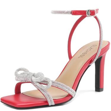 Imagem de SLXCHBSL Sandálias femininas de dedo quadrado com strass ajustáveis no tornozelo e dois laços, salto alto de 7,6 cm, festa de casamento, formatura, sapatos confortáveis brilhantes para mulheres