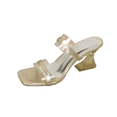 Imagem de Sandálias femininas transparentes com bico quadrado e salto grosso, para um visual casual moderno, Dourado, 36