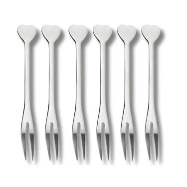 Imagem de Kit 6 Mini Garfos Aço Inox Coração Para Petiscos Aperitivos Fondue Uny