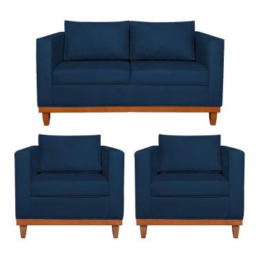Imagem de Kit Sofá 2 e 3 Lugares e 2 Poltronas Europa 180cm Conforto e Elegância Suede Azul Marinho