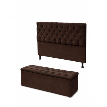 Imagem de Kit Cabeceira De Cama Box Com Calçadeira Baú Mirage Capitonê Casal 140 Cm Suede Marrom Eli Móveis E Decoração