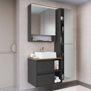 Imagem de Conjunto Gabinete para Banheiro Suspenso 96cm com 4 Peças Iluminação em Led e Cuba Mel/Grafite