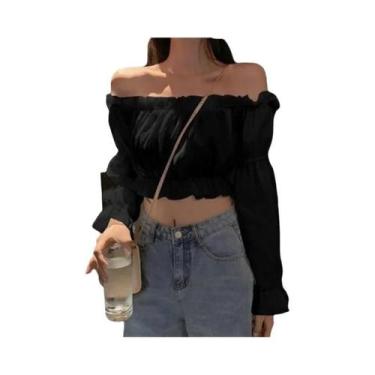 Imagem de Blusa Branca De Verão Com Ombros Descidos, Manga Longa, Manga Bufante 