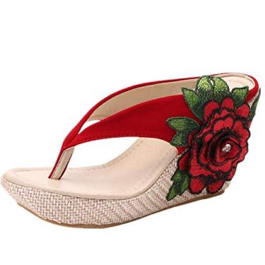 Imagem de A shoe store Sandália feminina plataforma sem salto flor grosso, Vermelho, 8.5