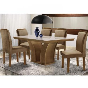 Imagem de Conjunto Sala de Jantar Mesa Tampo MDF/Tampo Vidro Leblom 6 Cadeiras Pietra Tik Plus LJ Móveis Castanho/Off White
