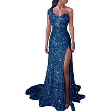 Imagem de Vestido de festa formal longo de renda feminino um ombro bronzeado com recorte lateral feminino acolchoado vestido de festa, azul, M