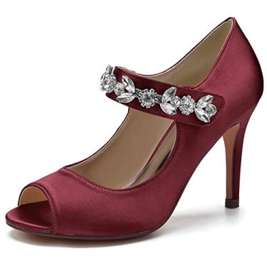 Imagem de Sapatos de casamento de noiva de cetim feminino escarpins peep toe com strass salto agulha alto marfim sapatos sociais 35-43,Burgundy,8 UK/41 EU