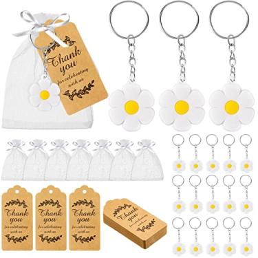 Imagem de 24 Sets Daisy Party Favors, Daisy Keychain, Organza Bags Thank Kraft Tags White and Yellow Flower Keychain Daisy Themed Party Supplies for Birthday Bridal Wedding Baby Shower Return Gifts