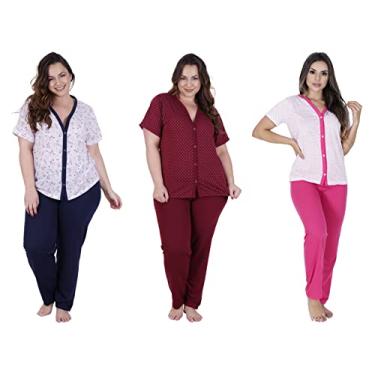 Imagem de Kit 3 Pijama Calça E Blusa Manga Curta de botão Amamentação Cirurgia Idoso pós parto (GG (48))