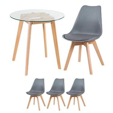 Imagem de Loft7, Kit Mesa de vidro Leda 70 cm + 3 cadeiras estofadas Leda cinza escuro