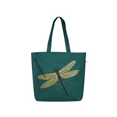 Imagem de Eco Right Bolsa feminina de lona estética – grande, reutilizável, com zíper e bolso interno, Libélula com efeito glitter (verde), One Size