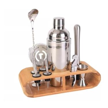 Imagem de Kit Coqueteleira Bar Profissional Para Drinks Bebidas 550ml Inox Com 12 Peças Drinks Barman Caipirinha Bar Suporte de Madeira