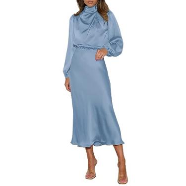 Imagem de Vestido feminino elegante fino para noite formatura gola alta cetim manga longa vestido de festa vestido de baile de máscaras cor sólida, Azul-celeste, G