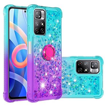 Imagem de CCSmall Capa transparente para Xiaomi Redmi Note 11 4G com suporte de anel, capa flutuante de líquido fluido de areia movediça gradiente brilhante para Xiaomi Redmi Note 11 4G/Note 11S JB violeta azulada