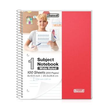 Imagem de Dunwell Caderno espiral pautado largo, vermelho, 100 folhas (200 páginas) caderno de régua larga de 20 x 25 cm para crianças, capa de plástico, caderno de 1 assunto, bolsos internos, papel perfurado
