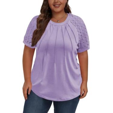 Imagem de ForHailey Camiseta feminina de renda plus size, manga curta, gola redonda, básica, caimento solto, Roxo claro, 5G Plus Size