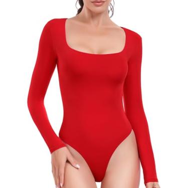 Imagem de HeyNuts Body feminino de manga comprida ultramacia de camada dupla, gola redonda, camiseta básica casual, Verdadeiro vermelho, M
