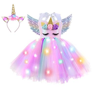 Imagem de Genafy Girls Unicorn Sparkly Dress Light Up Halloween Christmas Decorations Birthday Party Princess Outfit Kids 3 4 Year Old Girl Gifts with Headband Wings Fairy Costumes Pink 3t 4t