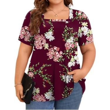 Imagem de POPYOUNG Camiseta feminina casual de verão gola quadrada manga curta blusa blusa solta GG, vinho floral, Decote quadrado - vinho floral, XG