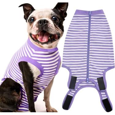 Imagem de Sychien Terno de recuperação de cães feminino Spay Masculino Cirurgia Recuperação Extra Grande, Macio, Algodão Penteado Cirúrgico, Macacão para Filhote, GG Roxo-Branco Listrado