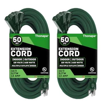 Imagem de Pacote com 2 fios de extensão para ambientes externos de 50 pés com 3 tomadas de energia elétrica - 16/3 cabo de alimentação verde durável - ótimo para alimentar luzes de Natal