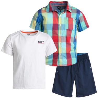 Imagem de DKNY Conjunto de calças para meninos - 3 peças de manga curta com botão, camiseta e shorts - Conjunto de roupas de verão para meninos (2-7), Vermelho, 3 Anos