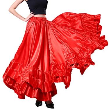 Imagem de BACKGARDEN Saia de dança elegante de cetim para adultos de 20 metros com babados para apresentações de dança do ventre mexicana flamenco folclórico, Vermelho, Tamanho Único