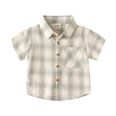 Imagem de Yueary Camiseta masculina casual manga curta clássica xadrez abotoada camiseta unissex algodão infantil moda verão 2024, Verde, 120/4-5 Y