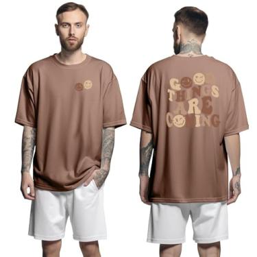 Imagem de Camisa Camiseta Oversized Streetwar Genuine Grit Masculina Larga 100% Algodão 30.1 Good Things Ares Coming - Marrom - G