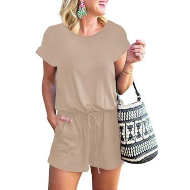 Imagem de ANRABESS Macacão feminino verão 2024 casual elegante camiseta calça curta macacão praia férias roupas, Caqui, XXG