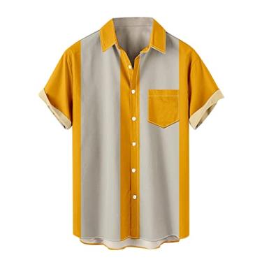 Imagem de Camisetas de praia masculinas outono verão manga curta gola alta havaiana tropical simples camiseta masculina 2024, I-135 amarelo mostarda, G